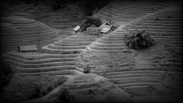 Sapa in Vietnam, riprese in bianco e nero stile vintage con sfarfallio