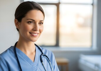 Fototapeta premium Smiling female healthcare professional with stethoscope and blue scrubs