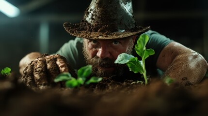 Obraz premium A passionate farmer lovingly tends to young green plants, showcasing dedication and nurturing spirit in the rich, fertile soil under warm indoor light.