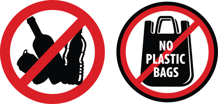 Prohibition signs no plastic bottles and bags for environmental protection