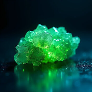 Rare earth critical minerals glowing green crystalline cluster illuminated on dark reflective surface with soft bokeh lighting and dramatic contrast evoking discovery and value