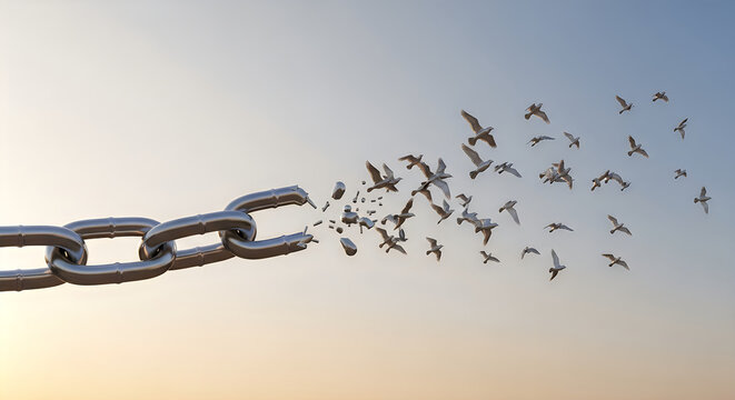 Broken chain turning into flock of birds flying.