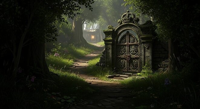 Mysterious ornate door in lush forest path leads to an unknown destination