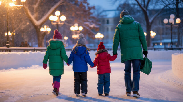 Father holding hands with his three young children while they walk together through a park covered in fresh white snow during a cold winter evening