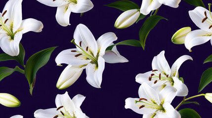 Fototapeta premium White lilies create stunning seamless pattern against dark background, evoking elegance and tranquility