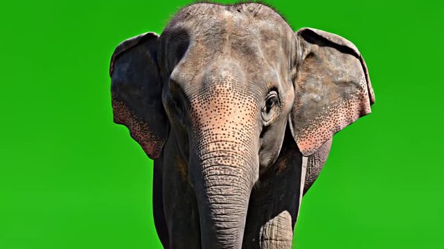 An elephant stands against a bright green background, its large ears and trunk clearly visible.