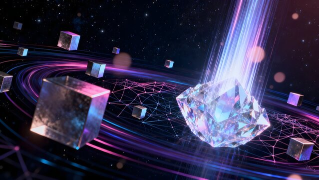 Futuristic space crystal and cubes