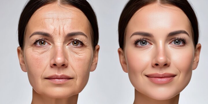 Comparing aging skin with wrinkles to smooth, youthful skin after treatment