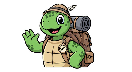 Fototapeta premium Cartoon Turtle Hiker Waving Hello with Backpack and Compass