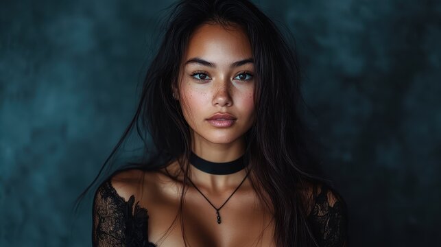 A captivating portrait of a young woman with long hair, captured in beautiful natural light, encapsulating grace, beauty, and self-expression against a textured backdrop.