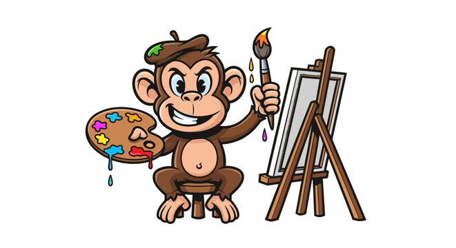Funny monkey artist painting on easel with palette and brush, cartoon style