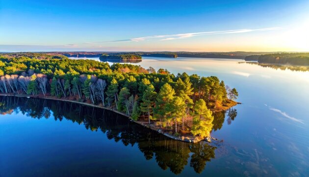 A breathtaking aerial view showcases a lush, tree-covered peninsula extending into a serene lake, bathed in the warm glow of a vibrant sunset.