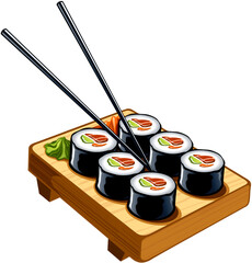 Sushi Roll Plate Realistic Sushi Roll Set on Wooden Board with Chopsticks — Japanese Food Restaurant Illustration on Transparent Background © danishbaig3198