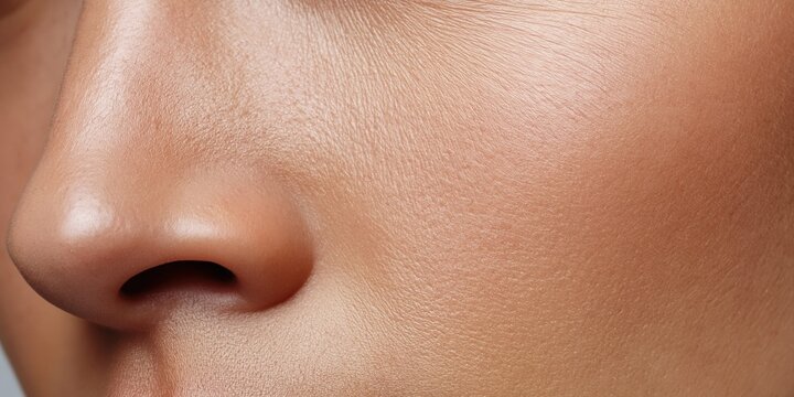 Extreme close-up of a woman's clear, smooth skin texture and nose detail
