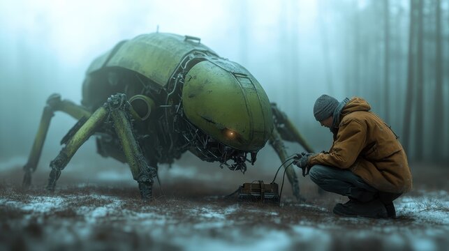 A man kneels next to a massive robotic insect in a misty forest, showcasing a unique blend of nature and technology, exploring themes of human connection and innovation in a surreal setting.