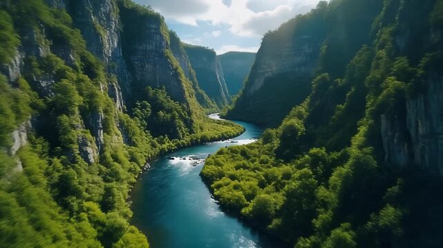 Serene River Flows Through Lush Green Mountain Valley Under a Bright Sky