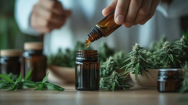 A close-up of a hand dispensing CBD oil into a dark glass jar, surrounded by fresh cannabis plants, emphasizing natural wellness and the rise of holistic remedies.