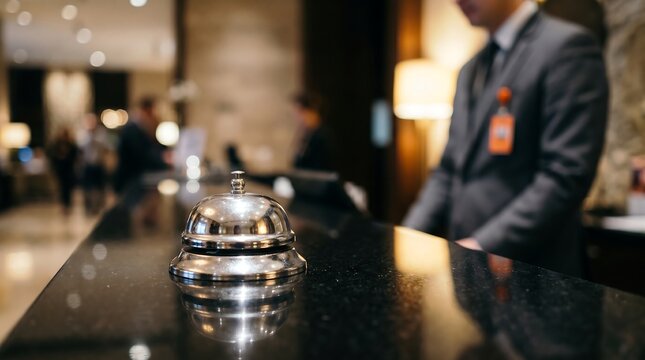 Close-up of a silver service bell on a polished black countertop at a hotel reception with blurred employees in background. Concept for hospitality services, travel booking, and hotel management