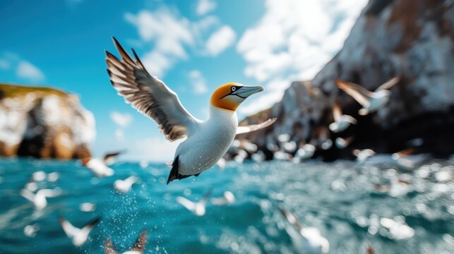 A stunning image of a gannet bird soaring above the ocean waves, showcasing the thrill of nature and wildlife in perfect harmony with the blue waters of the sea.