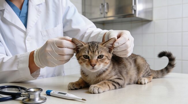 A veterinarian examines a cat's ear with a medical tool on a table.