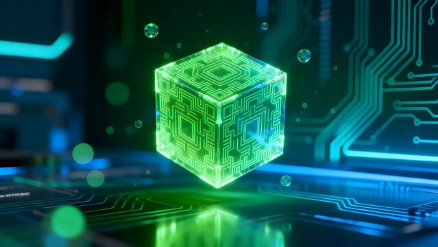 Glowing cube with circuit patterns