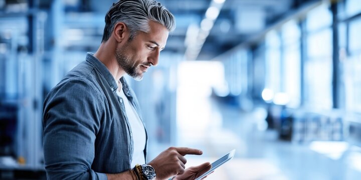 Focused engineer using a tablet on a modern factory floor