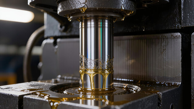 Industrial CNC lathe machine cutting metal cylinder with golden lubricant oil, precision manufacturing factory closeup, steel processing machinery in workshop