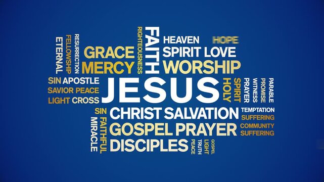 JESUS animated word cloud-text design animation tag kinetic typography seamless loop.