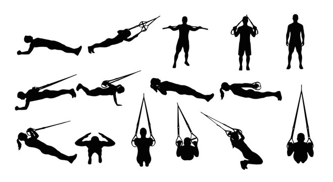Silhouettes of people performing aerial stunts and acrobatics.