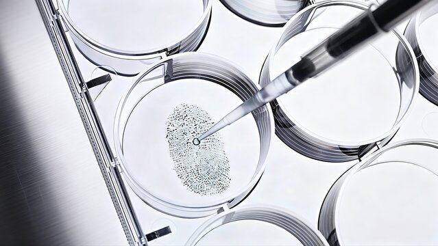 Close up forensic science investigation of fingerprint sample in glass petri dish with pipette in crime scene evidence analysis laboratory