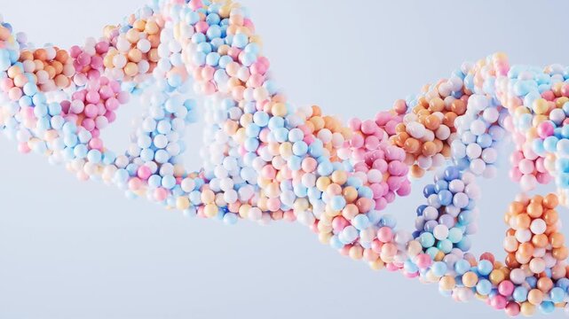 Abstract dna footage, 3d animation of a colorful double helix structure slowly rotating in a dynamic and fluid motion.