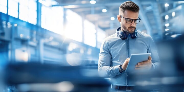 Modern engineer using a tablet computer on a factory floor with headphones around neck