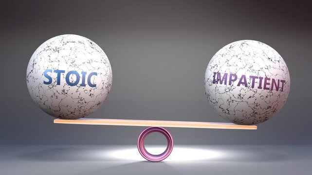 Stoic and impatient in balance - balancing stones on a scale symbolizing harmony, equity and equilibrium between stoic and impatient. Harmonious and beneficial situation.