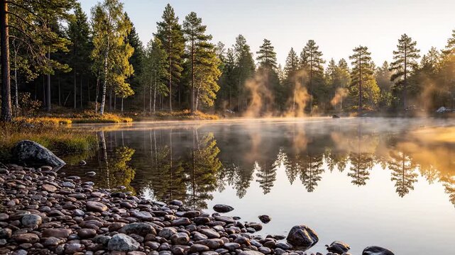Misty forest lake at sunrise with calm water reflecting trees and golden light