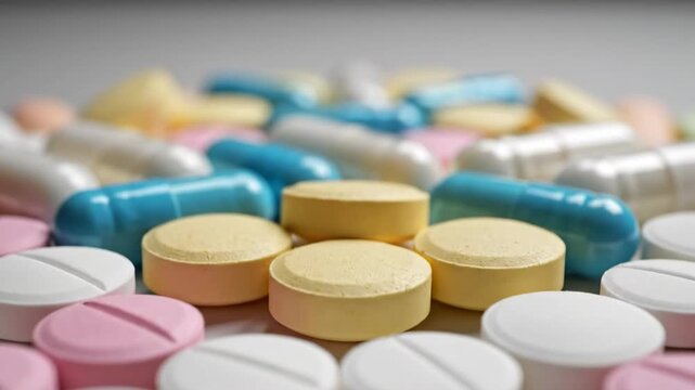 Close-up of a colorful assortment of pharmaceutical pills and capsules in a pile