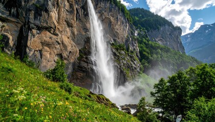 Obraz premium Majestic Waterfall Cascading Down Verdant Cliffs in a Breathtaking Mountain Landscape.