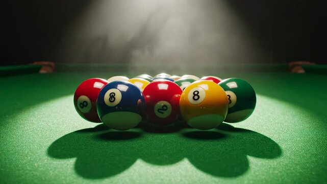 Rack of billiard balls on a green felt table with dramatic lighting and smoke