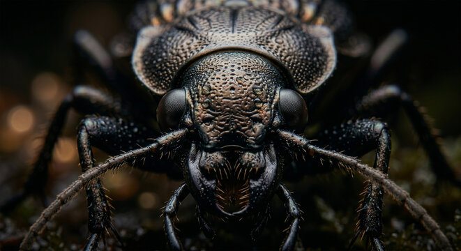 An intimate, head-on portrait of a Dragon Beetle. The focus is tack-sharp on its dark, bulbous compound eyes and the textured "brow" ridges. The lighting is provided by a localized "spotlight" effect,