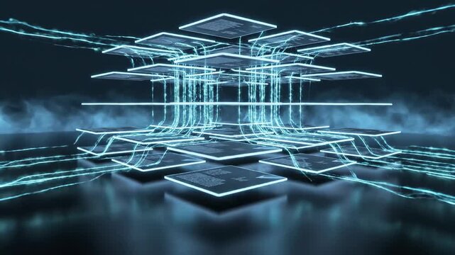 Abstract digital network of glowing blue circuit boards and data streams in dark space