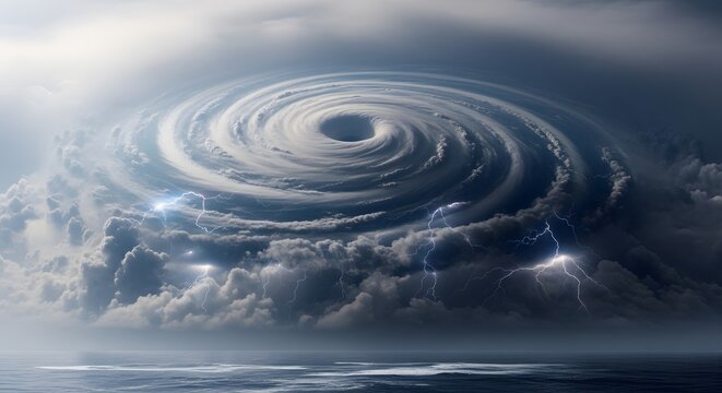 A massive hurricane over the ocean with lightning and stormy clouds transparent background