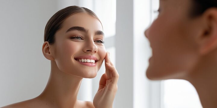 Young woman with flawless skin smiling and touching her cheek, looking in the mirror