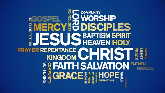 Jesus Christ animated word cloud-text design animation tag kinetic typography seamless loop.