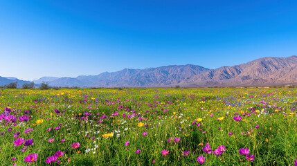 Fototapeta premium Vibrant wildflower meadow filled with colorful blooms under clear blue sky, surrounded by majestic mountains in background