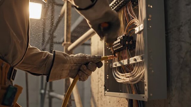Electrician wearing gloves carefully connects wires in a junction box with a screwdriver