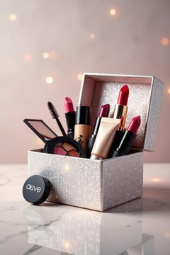 A sparkling gift box overflows with a delightful collection of cosmetics, including lipsticks in various shades, foundation, mascara, and eye shadow palettes, perfect for enhancing natural beauty.