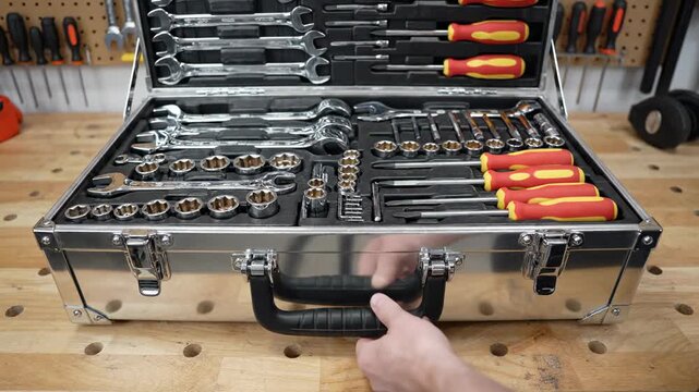 Professional tool kit in a silver metal case with wrenches, sockets, and screwdrivers