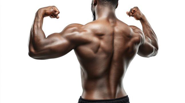 Close-up of a muscular African American man flexing his back and biceps
