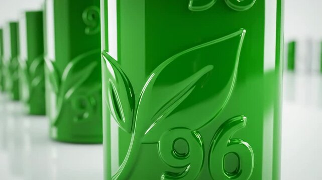 Row of green cylinders with leaf and number 96 embossed, representing sustainability