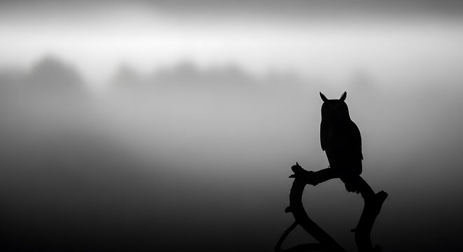 A silhouette of an owl perched on a branch in a dark and foggy forest