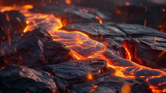 Molten lava flows through dark rocky terrain with glowing orange flames and sparks flying everywhere in a natural landscape.